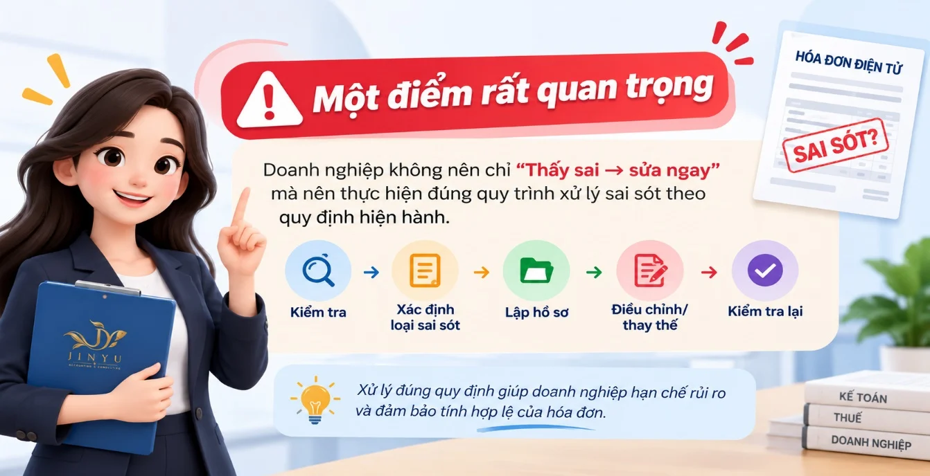 Quy trình xử lý hóa đơn điện tử sai sót: Kiểm tra, xác định loại sai sót, lập hồ sơ, điều chỉnh hoặc thay thế, kiểm tra lại
