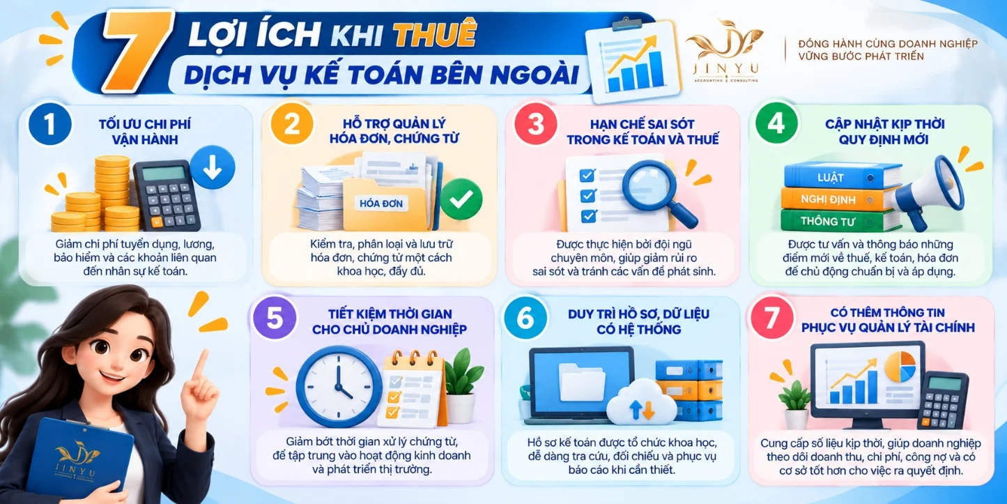 7 lợi ích khi thuê dịch vụ kế toán bên ngoài: tối ưu chi phí, quản lý hóa đơn chứng từ, hạn chế sai sót, cập nhật quy định, tiết kiệm thời gian, dữ liệu có hệ thống, thông tin quản lý tài chính